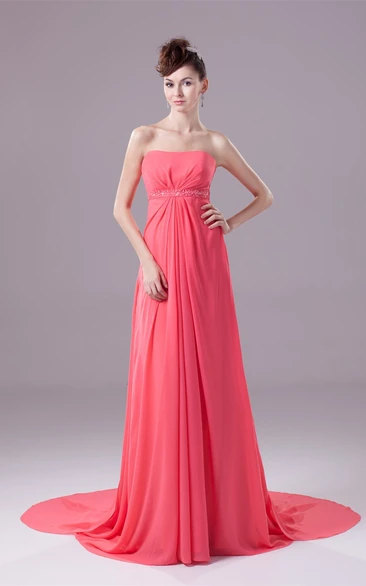 Sleeveless Chiffon Floor-Length Central-Ruched Empire Waist and Dress With Beading
