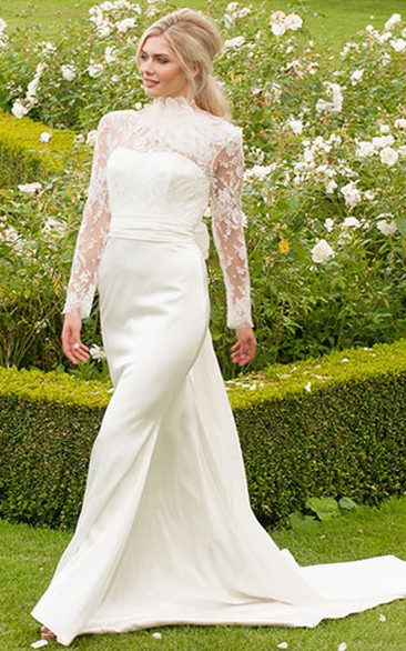 Long High Neck Long-Sleeve Floral Chiffon Wedding Dress With Sweep Train And V Back