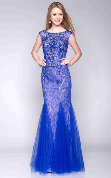 Cap Sleeve Bateau Neck Lace Mermaid Prom Dress With Tulle Skirt