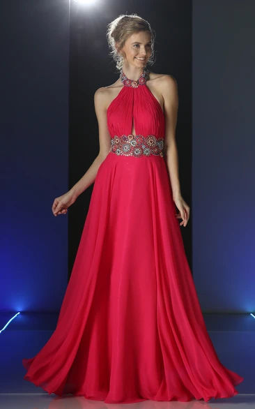 A-Line Jewel-Neck Chiffon Backless Dress With Beading And Waist Jewellery