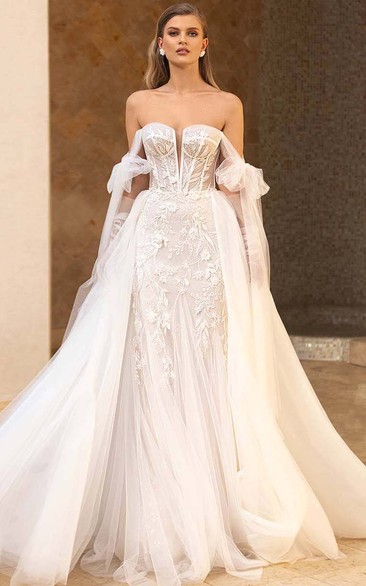 Notched Sweetheart A-line Mermaid Tulle Lace Princess Wedding Dress with Straps and Detachable Skirt
