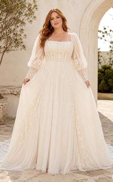 Robe de mariée grande taille en tulle, col carré, manches longues, coupe trapèze, col rond