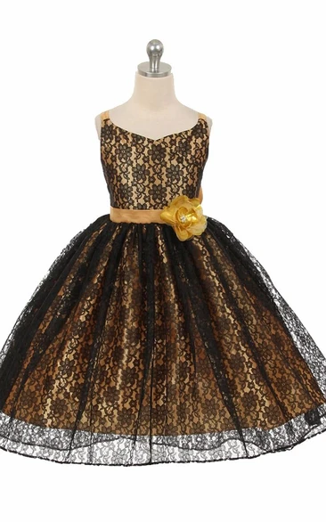 High-Low Floral Criss-Cross Lace Flower Girl Dress With Ribbon