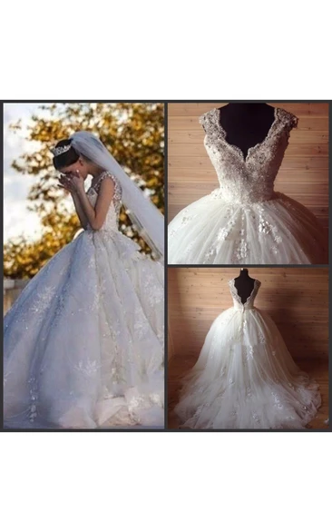 Princess Cap Sleeve Pleated Tulle Ball Gown With Lace