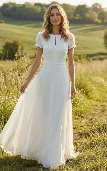 Simple Puff Sleeve A-Line Wedding Dress with Low-v Neckline