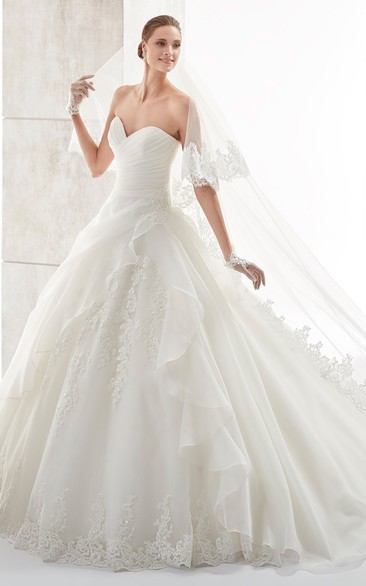 Sweetheart A-line Wedding Gown with Side Ruffles and Pleated Bodice