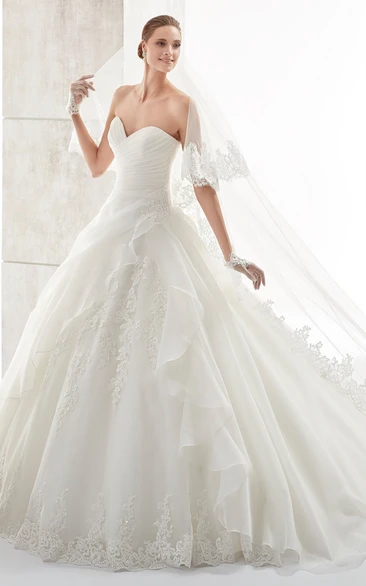 Sweetheart A-line Wedding Gown with Side Ruffles and Pleated Bodice