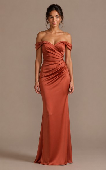 Papaya Off-the-Shoulder Satin Mermaid Dress