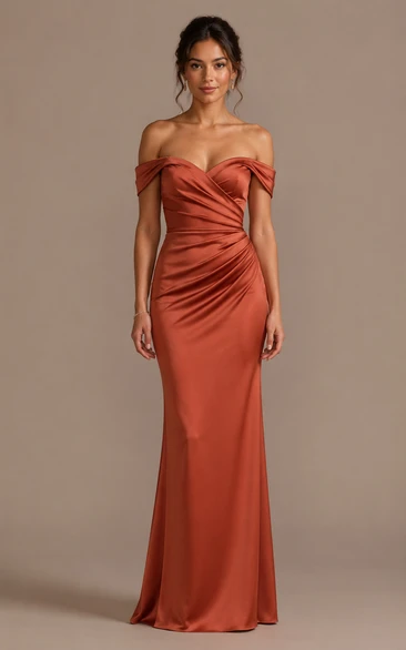 Papaya Off-the-Shoulder Satin Mermaid Dress
