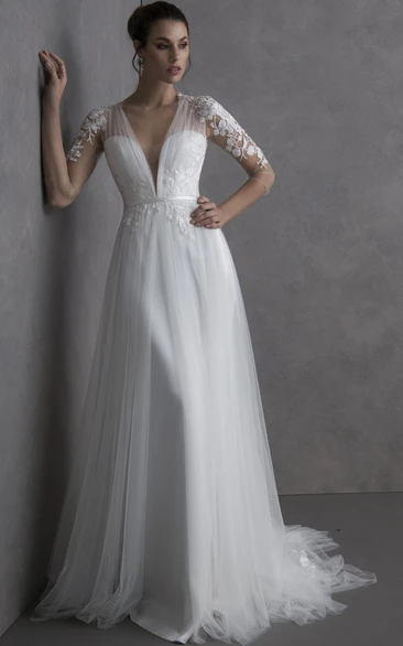 Modern Plunging Neckline A Line Tulle Floor-length 3/4 Length Sleeve Wedding Dress with Appliques