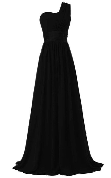 One-shoulder Ruched Sweep Train With Satin Belt