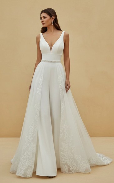 Modern V-Neck Bridal Jumpsuit with Belted Waist and Detachable Tulle Lace Overskirt