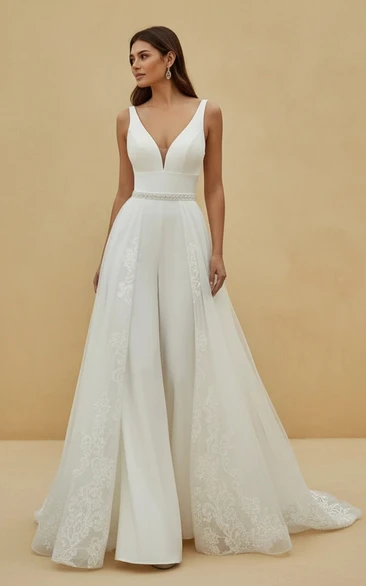 V Neck Sleeveless Wide Skirt Wedding Jumpsuit with Lace Hem