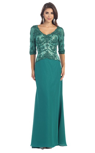 Sheath V-Neck Half Sleeve Jersey Lace Low-V Back Dress With Appliques