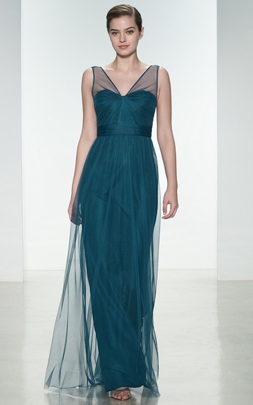 Sheath V-Neck Long-Sleeveless Tulle Bridesmaid Dress With Pleats