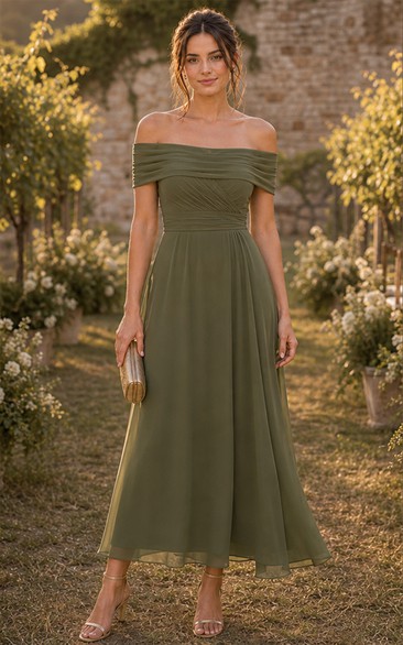 Sage Off-the-shoulder Chiffon Tea-length Dress
