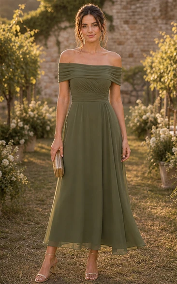 Sage Off-the-shoulder Chiffon Tea-length Dress