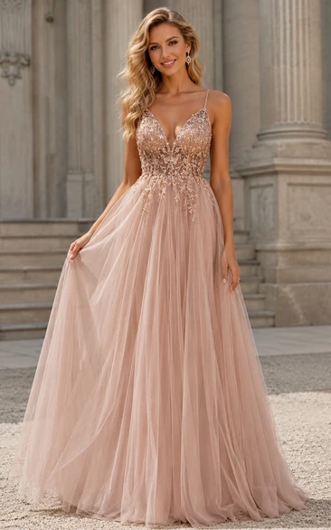 Casual Spaghetti Empire Tulle Pleated Prom Dress with Beaded Top