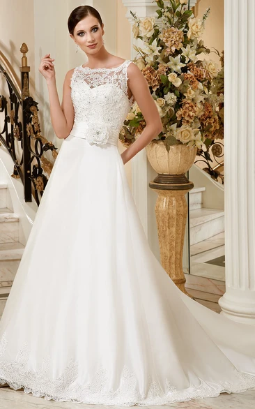 A-Line Sleeveless Floor-Length Appliqued Bateau-Neck Satin Wedding Dress With Flower