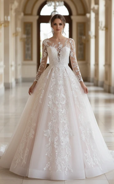 Elegant Long Sleeve Lace Ball Gown Wedding Dress