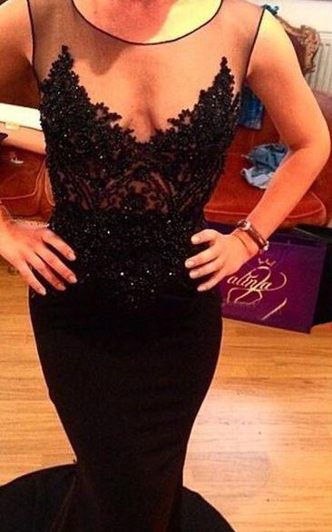 Sexy Illusion Appliques Mermaid Prom Dress Sweep Train