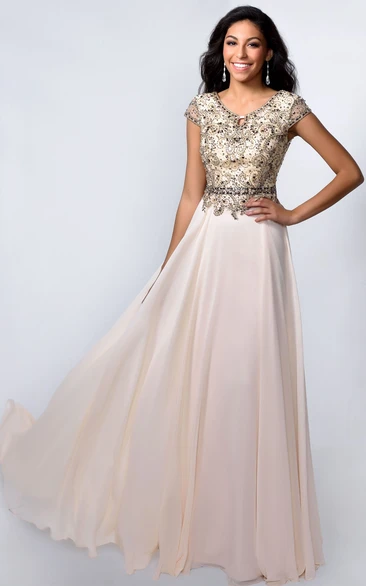 A-Line V-Neck Short Sleeve Jersey Low-V Back Dress With Beading And Pleats