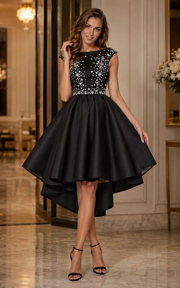 Ballkleid mit kurzen Ärmeln, Satin, U-Boot-Ausschnitt, Reißverschluss, Teelänge, asymmetrischem Saum, Homecoming-Kleid