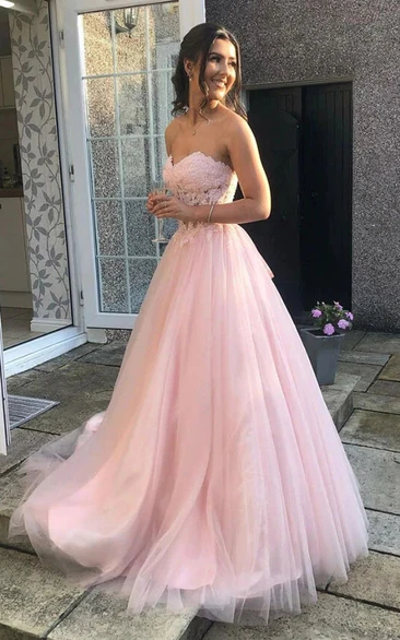 Sweetheart Lace Applique A-line Blush Tulle Evening Formal Prom Dress with Corset Back