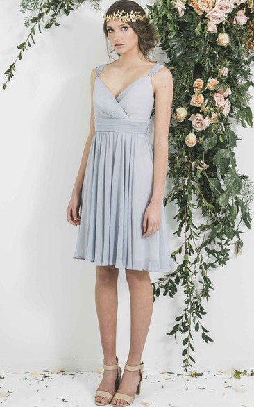 Mini Strapped Pleated Sleeveless Chiffon Bridesmaid Dress