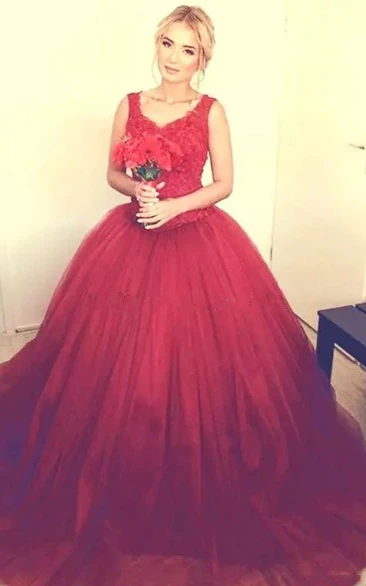 Ball Gown V-neck Sleeveless Lace Tulle Dress