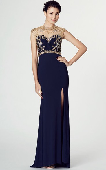 High Neck Floor-Length Split-Front Jersey Prom Dress With Beading And Illusion