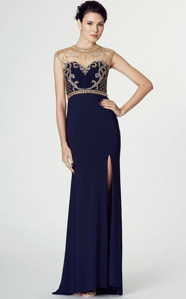 High Neck Floor-Length Split-Front Jersey Prom Dress With Beading And Illusion