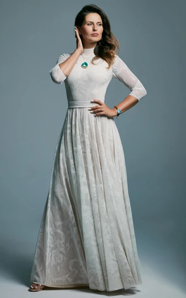 Modest High-neck 3-4-sleeve Empire Lace Pleated Wedding Dress