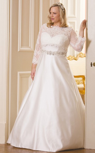 Ball Gown Long Long-Sleeve Bateau-Neck Jeweled Satin Plus Size Wedding Dress With Appliques And Illusion