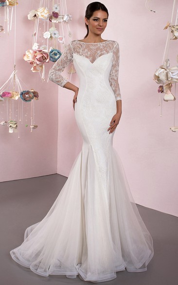 Mermaid 3-4 Sleeve Lace Bateau Neck Tulle Wedding Dress Styles With Brush Train