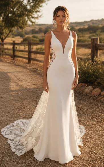 Deep V Mermaid Country Wedding Dress with Lace Side Panels and Chapel Train