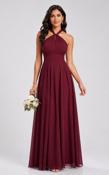 Burgundy Halter Chiffon A-Line Bridesmaid Dress
