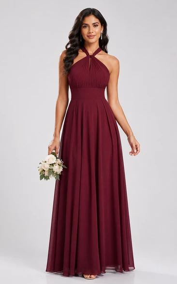 Burgundy Halter Chiffon A-Line Bridesmaid Dress