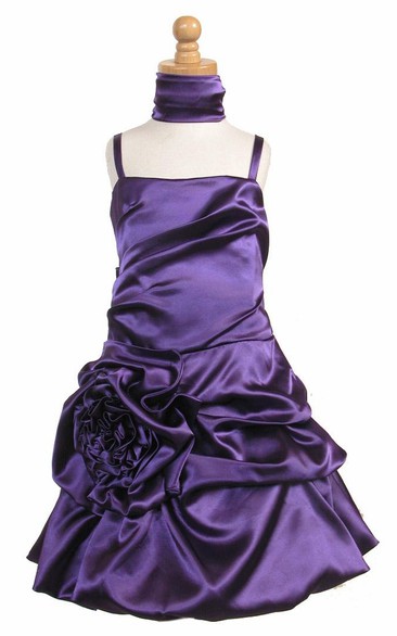 Knee-Length Cape Ruched Floral Satin Flower Girl Dress With Sash