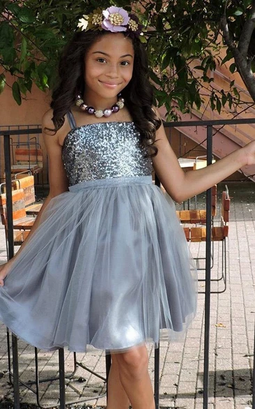 Spaghetti Midi Tulle&Sequins Flower Girl Dress