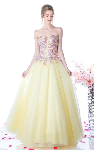 Ball Gown Strapless Tulle Satin Low-V Back Dress With Appliques And Beading