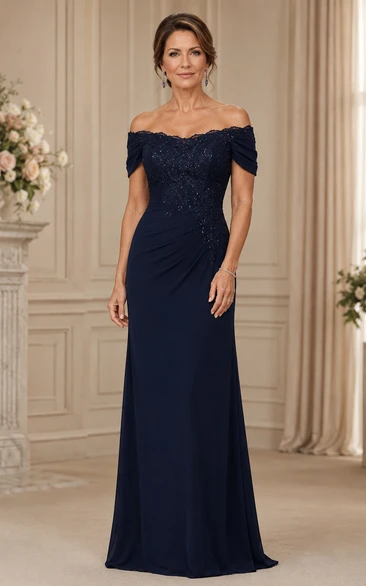 Dark Navy Off-the-Shoulder Ruched Formal Mother Gown