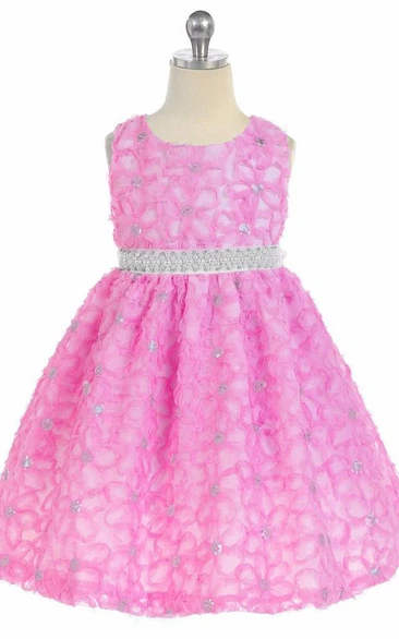 Tea-Length Beaded Tiered Sequins Flower Girl Dress