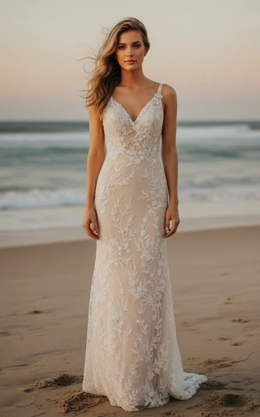 Spaghetti Strap Sheath Lace Vintage Wedding Dress