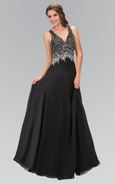 A-Line Long V-Neck Sleeveless Chiffon Straps Dress With Beading