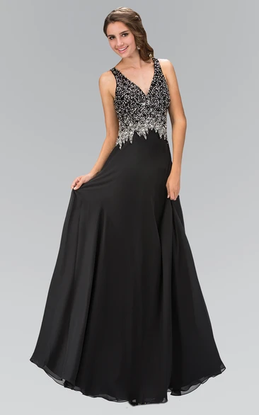 A-Line Long V-Neck Sleeveless Chiffon Straps Dress With Beading
