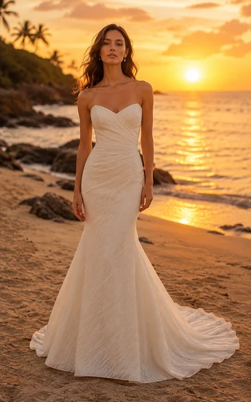 Ivory Strapless Satin Mermaid/Trumpet Wedding Dress with Texture