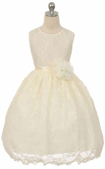 Tea-Length Beaded Floral Lace&Satin Flower Girl Dress With Sash