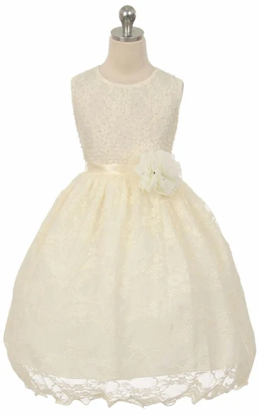 Tea-Length Beaded Floral Lace&Satin Flower Girl Dress With Sash