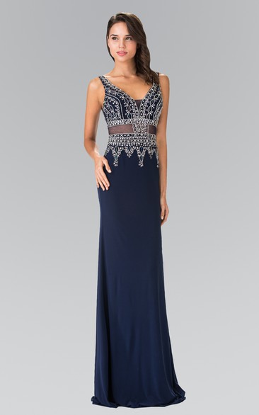 Sheath Floor-Length V-Neck Sleeveless Jersey Straps Dress With Beading